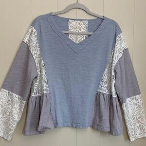 SHEIN Blue and Lavender Lace Sleeve Blouse Beautiful BoHo